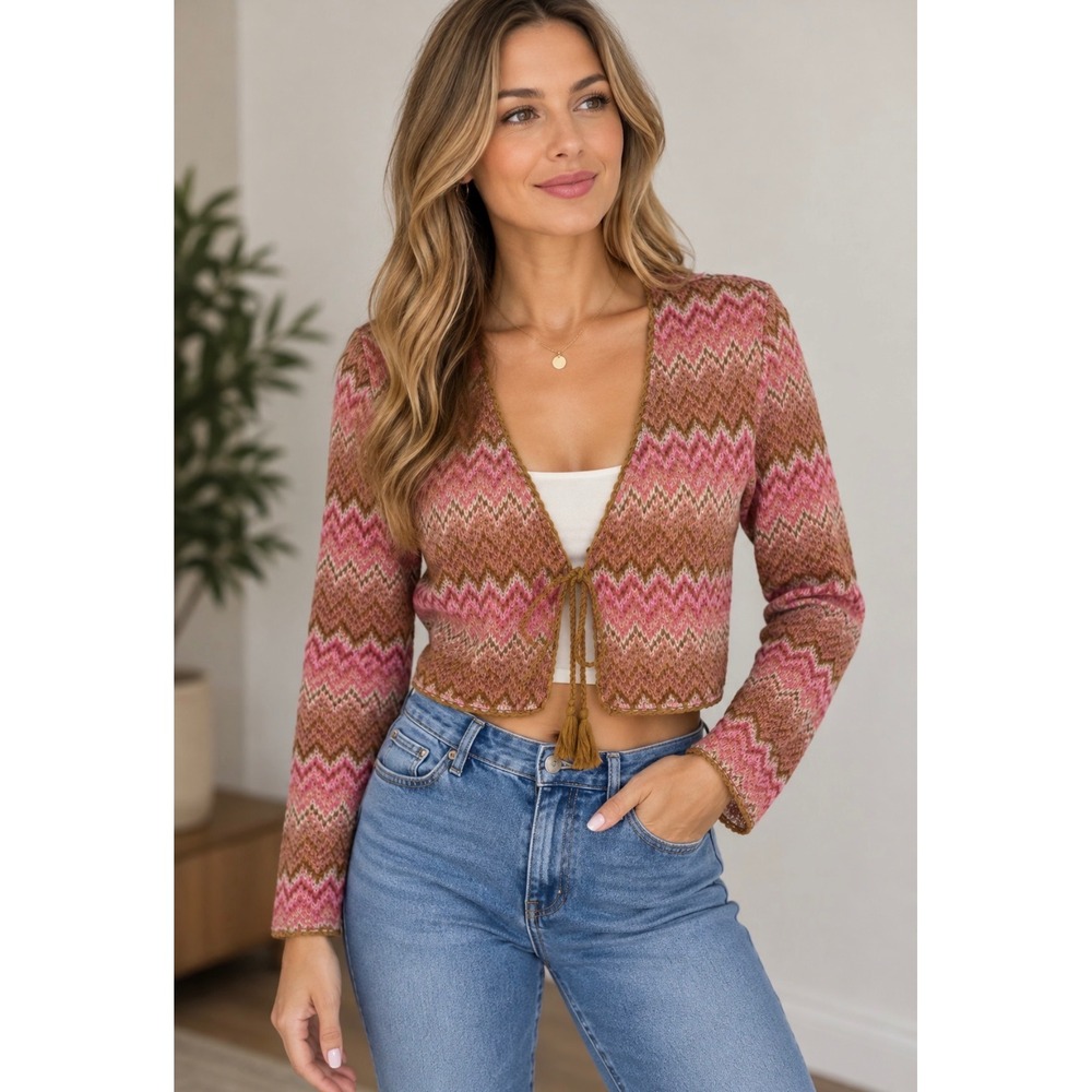 House of Harlow 1960 Pink Brown Chevron Cropped Cardigan Tassel Tie Sweater L